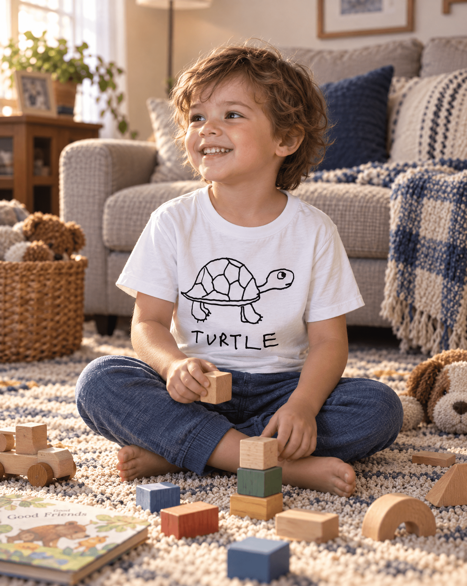 LoFi Turtle Toddler Tee lifestyle photo — living-room play