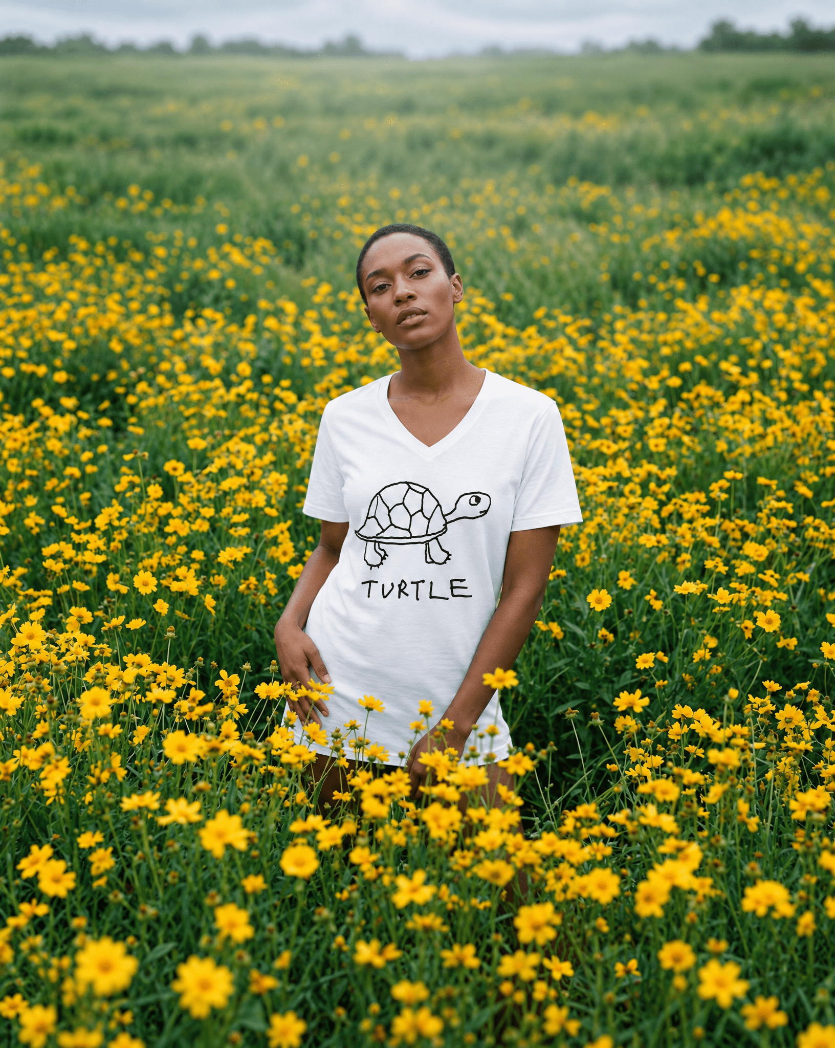 LoFi Turtle V-Neck Tee lifestyle photo — wildflowers