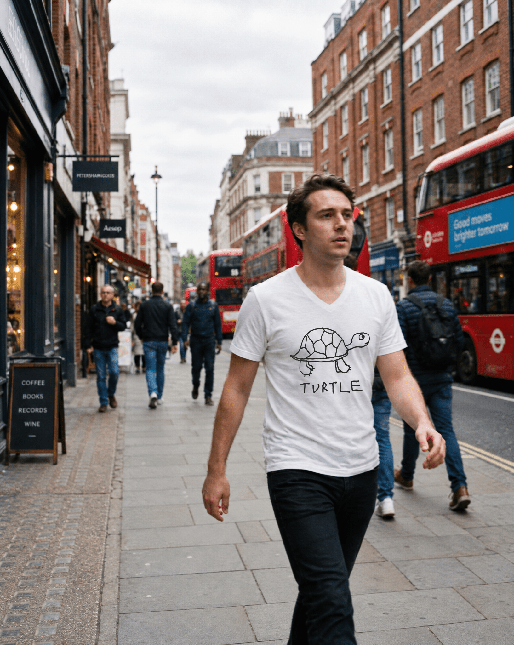 LoFi Turtle V-Neck Tee lifestyle photo — Soho walk