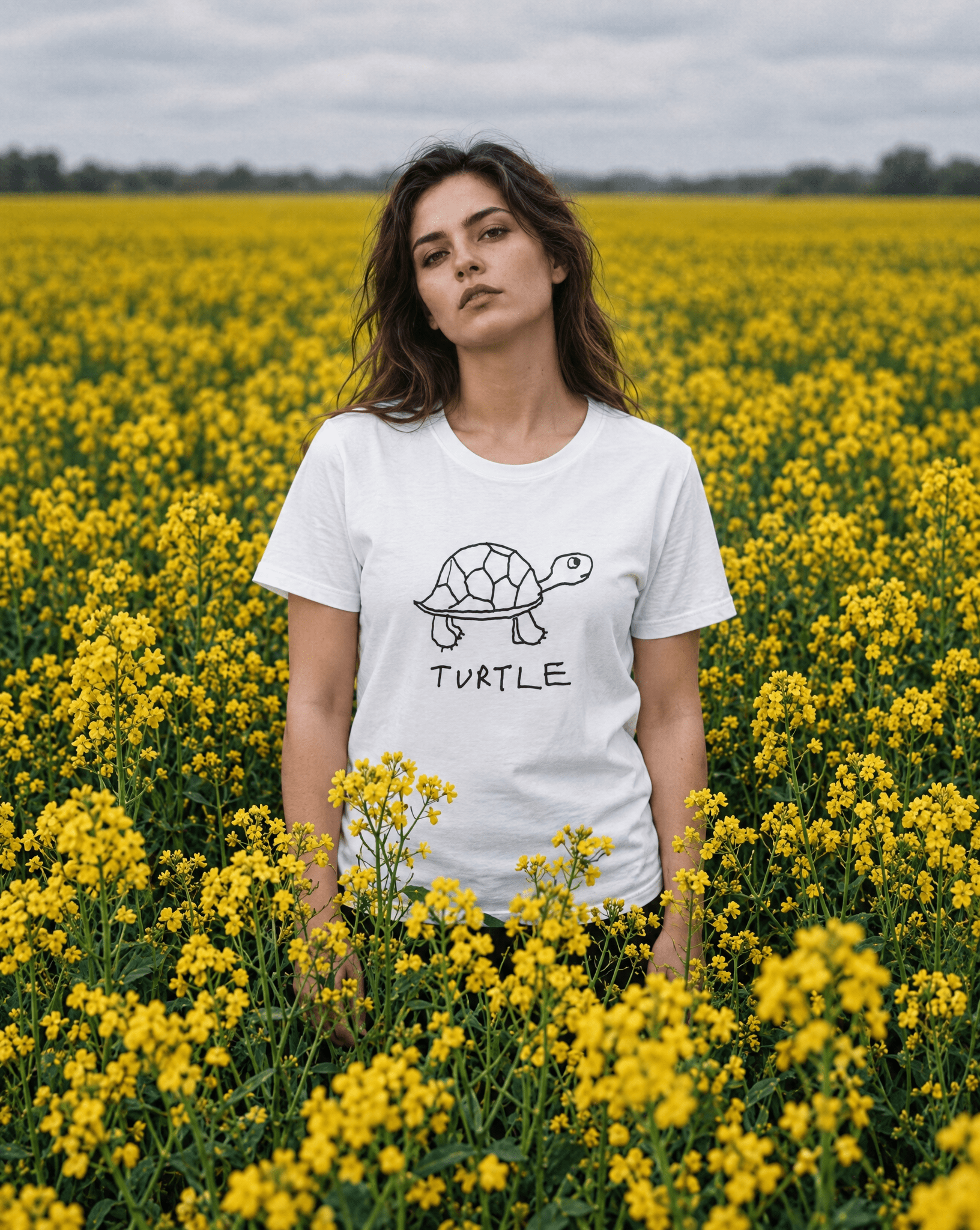 LoFi Turtle Women's Tee lifestyle photo — flower field