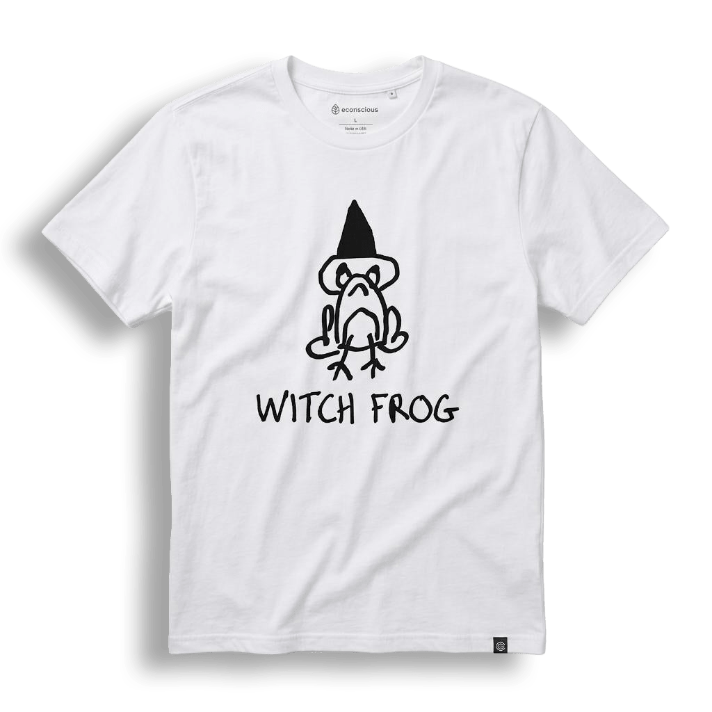 Front view of a white premium tee with a hand-drawn frog in a witch hat and Witch Frog lettering