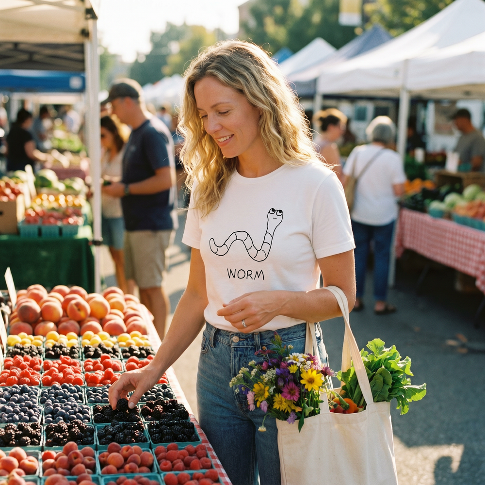Woman shopping for berries at a farmers market wearing a lo-fi Worm Classic Tee