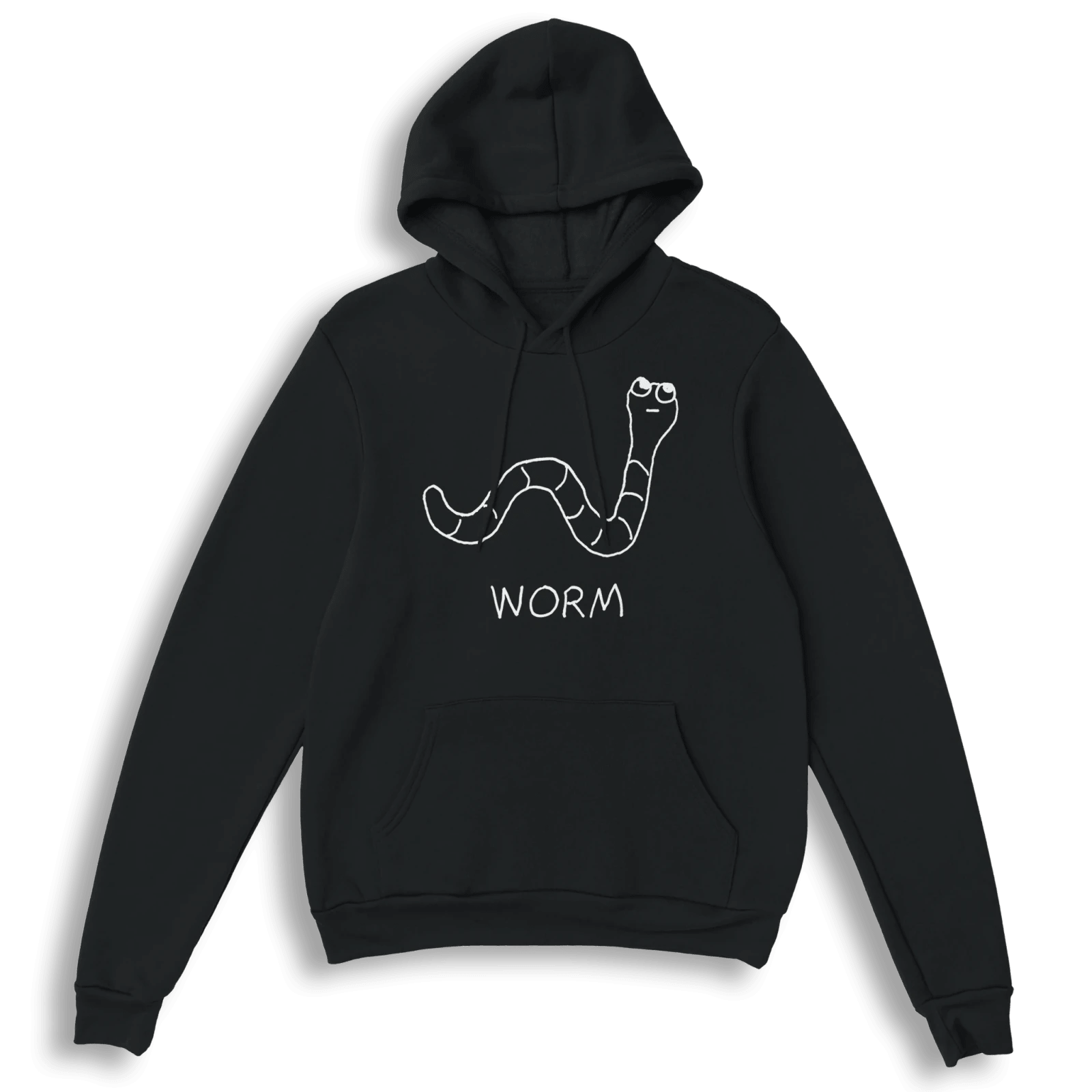 lo-fi Worm Hoodie — hand-drawn worm graphic on a black pullover hoodie