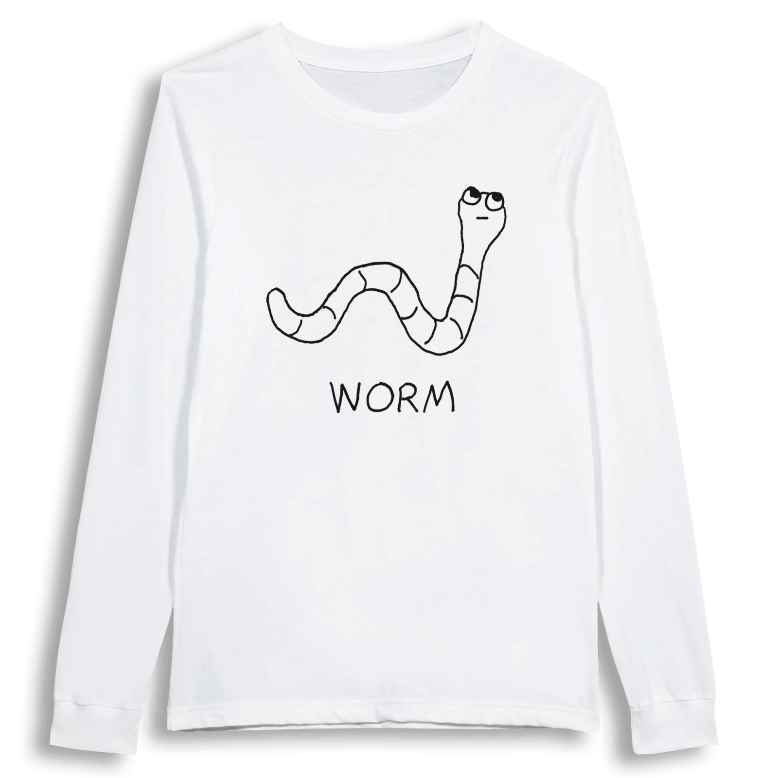lo-fi Worm Long Sleeve Tee — hand-drawn worm graphic on a white long-sleeve t-shirt