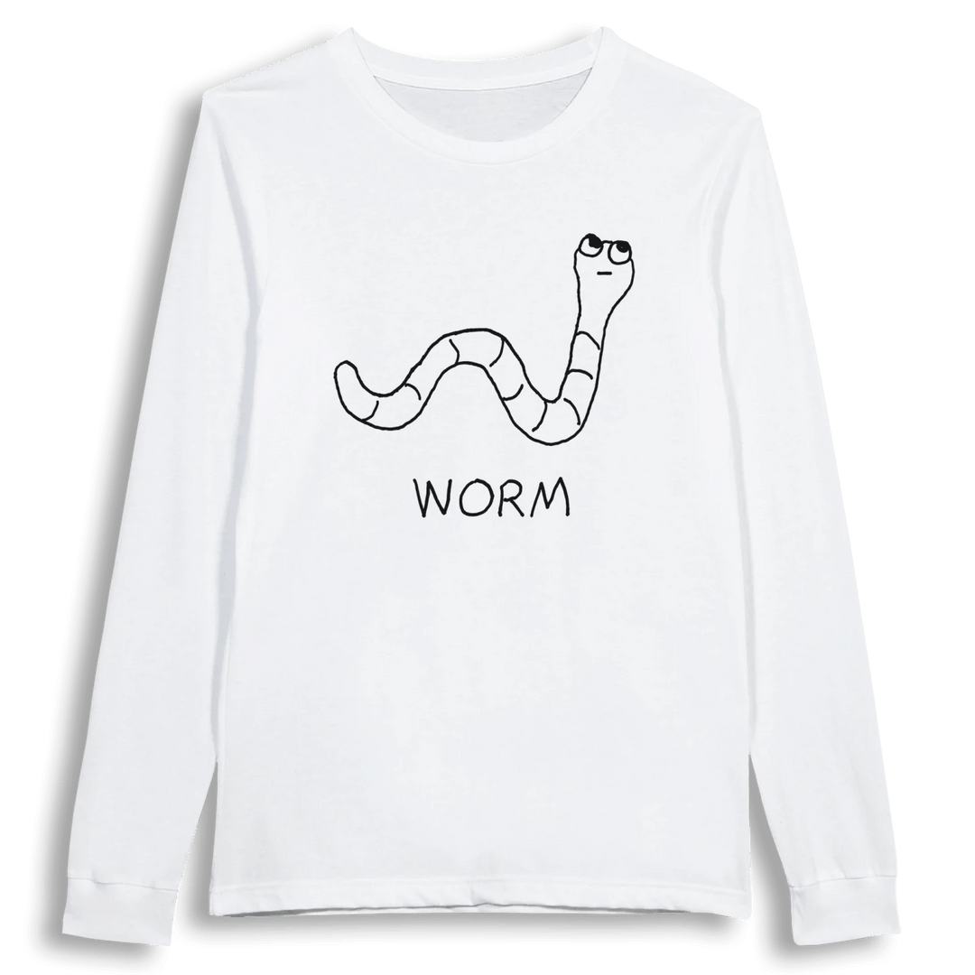 lo-fi Worm Long Sleeve Tee — hand-drawn worm graphic on a white long-sleeve t-shirt