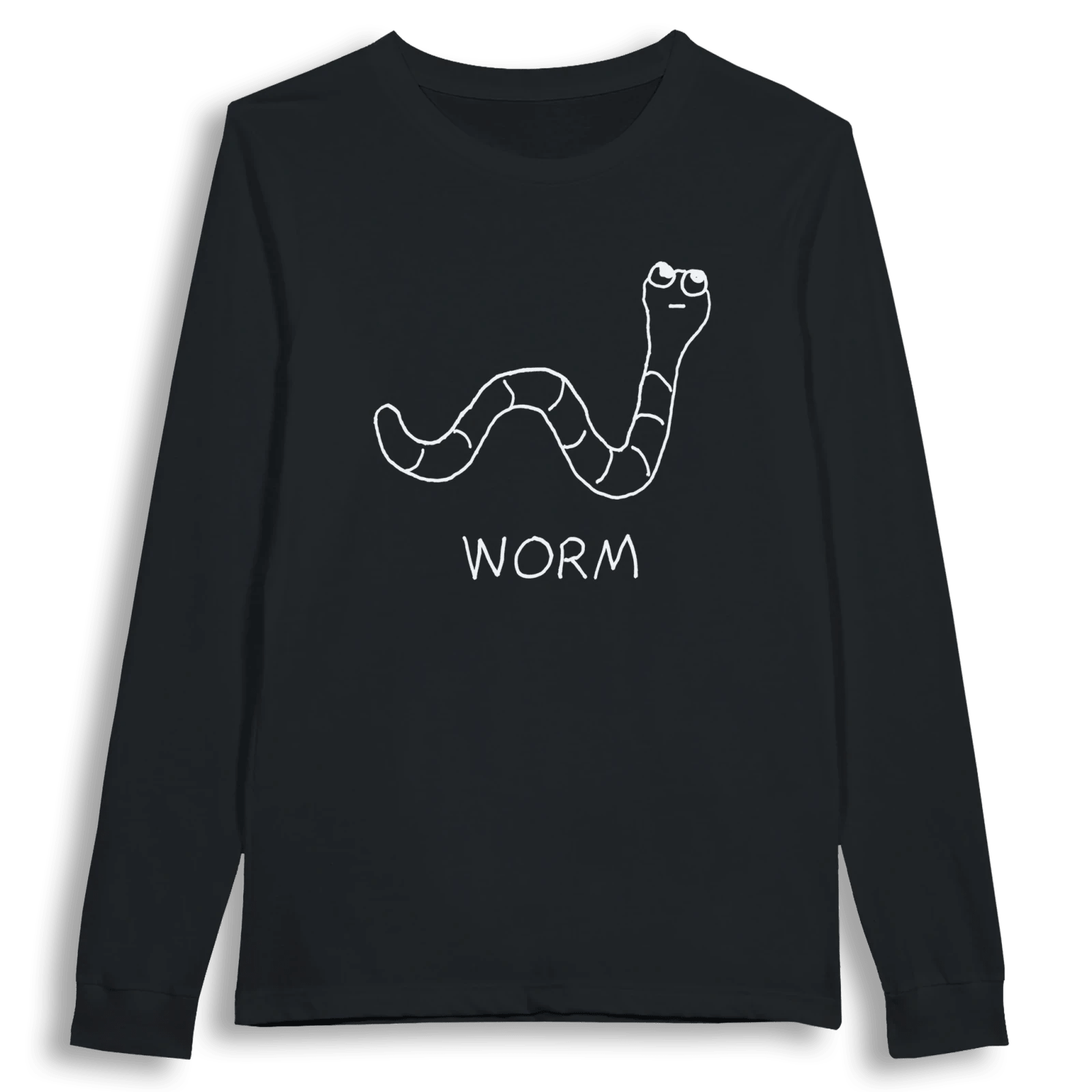 lo-fi Worm Long Sleeve Tee — hand-drawn worm graphic on a white long-sleeve t-shirt