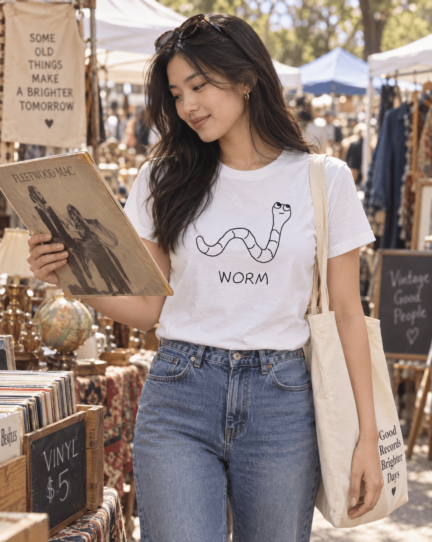 Sep 29 worm women's tee — vintage market lifestyle photo