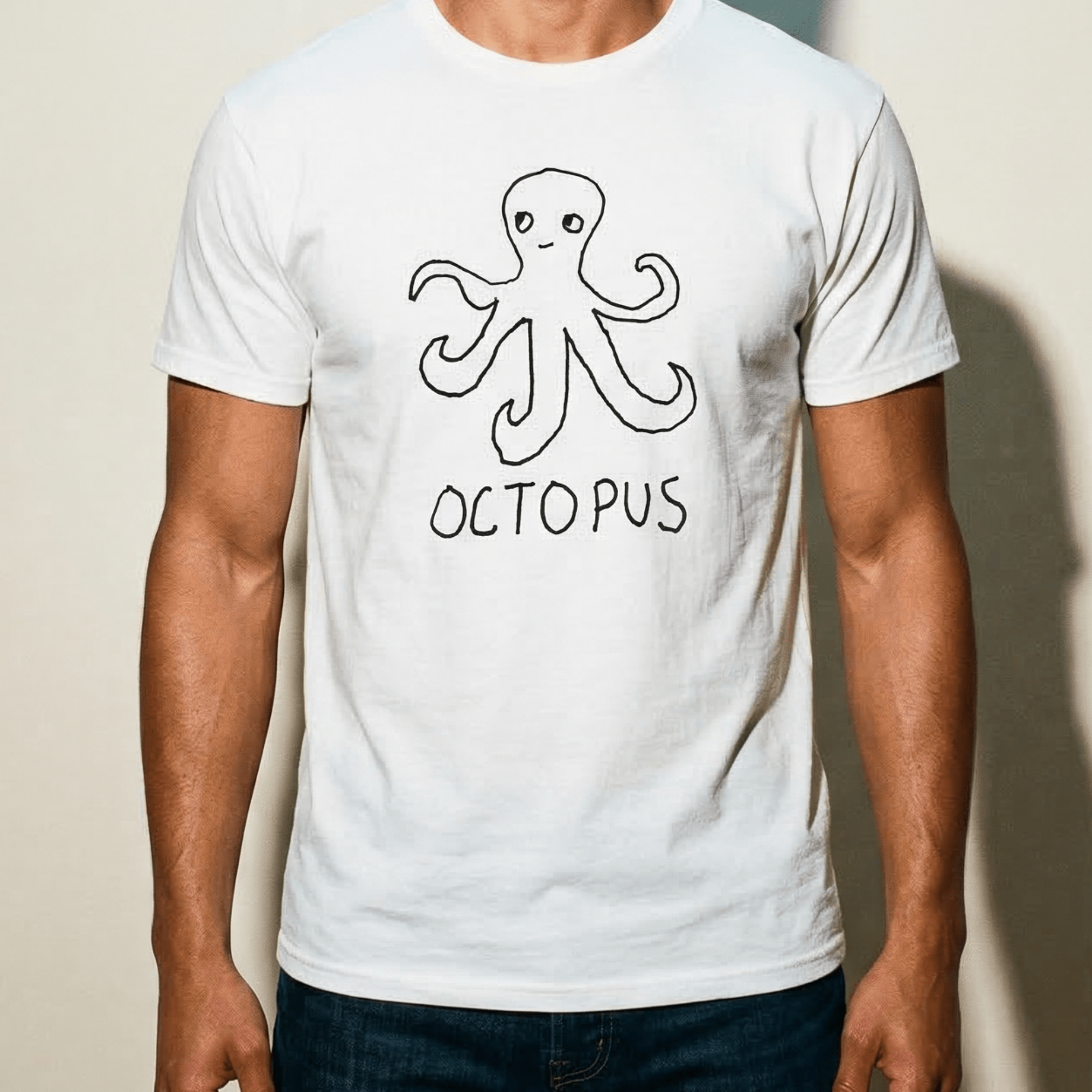 Man wearing a lo-fi Octopus Classic Tee in white against a neutral studio backdrop