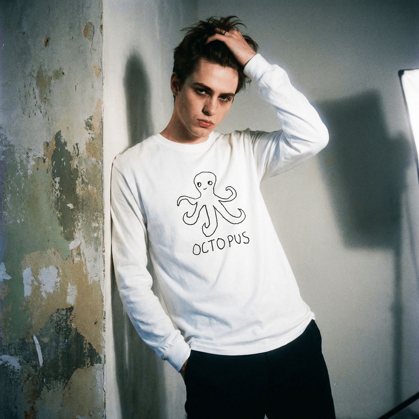 lo-fi Octopus Long Sleeve Tee — hand-drawn octopus graphic on a white long-sleeve t-shirt