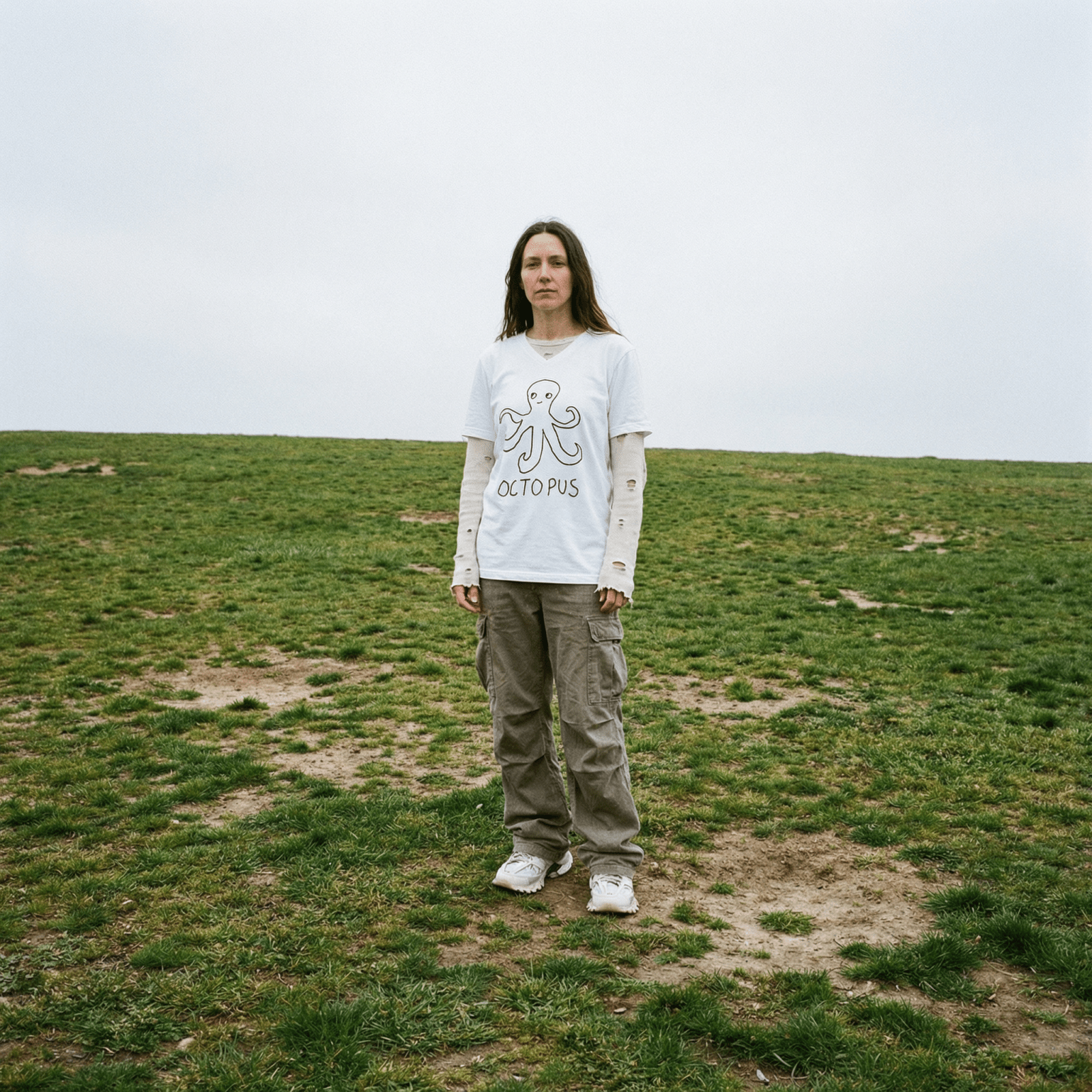 Person standing in a grassy field wearing a lo-fi Octopus V-Neck T-Shirt in white