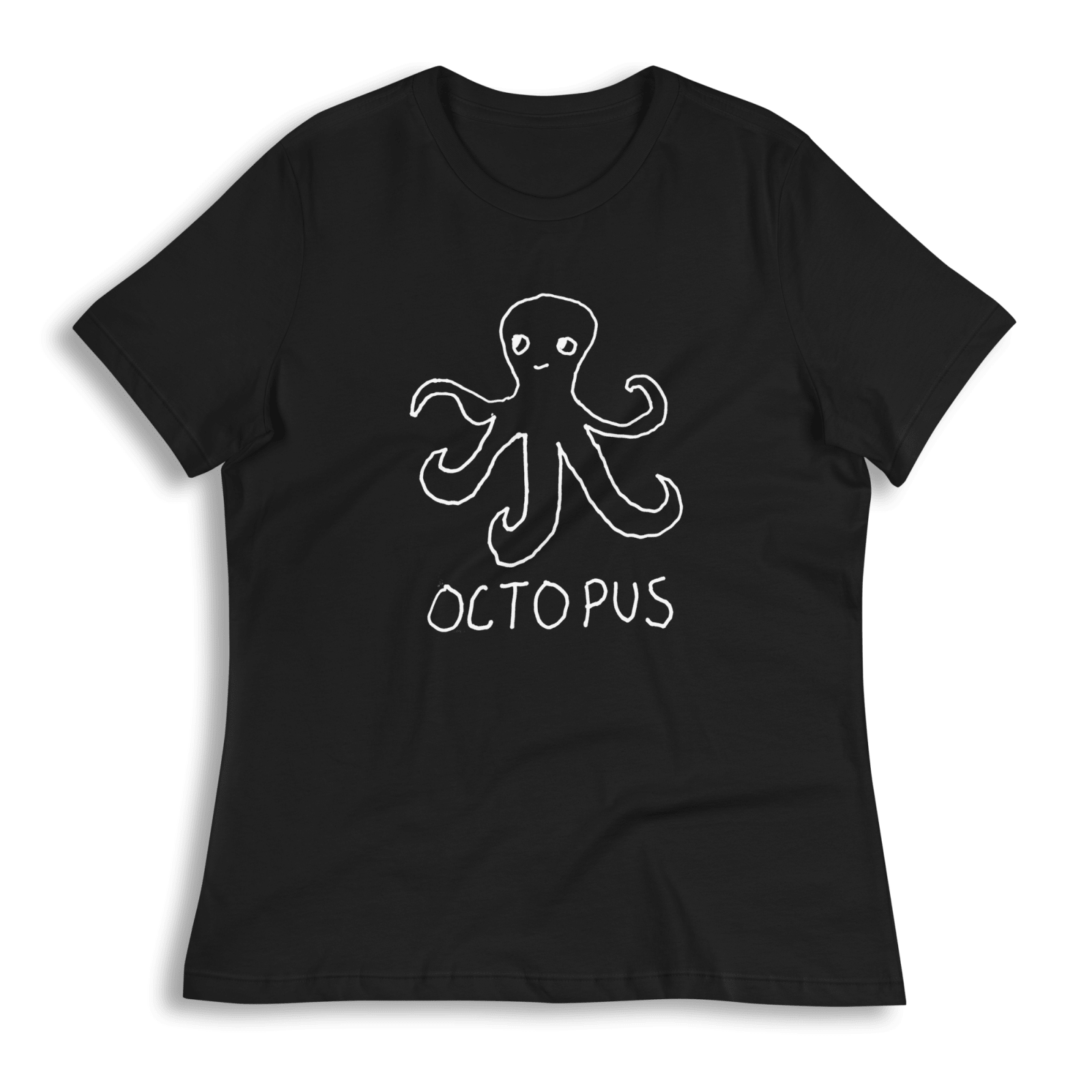 lo-fi Octopus Women's Relaxed T-Shirt — hand-drawn octopus graphic on a black relaxed-fit tee