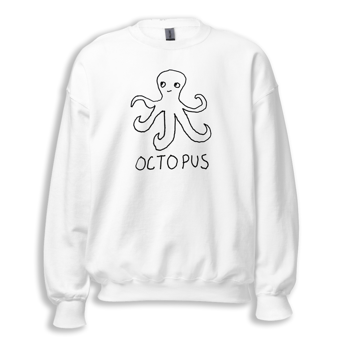 White sweatshirt with a lo-fi hand-drawn octopus graphic and 'Octopus' text on a white background