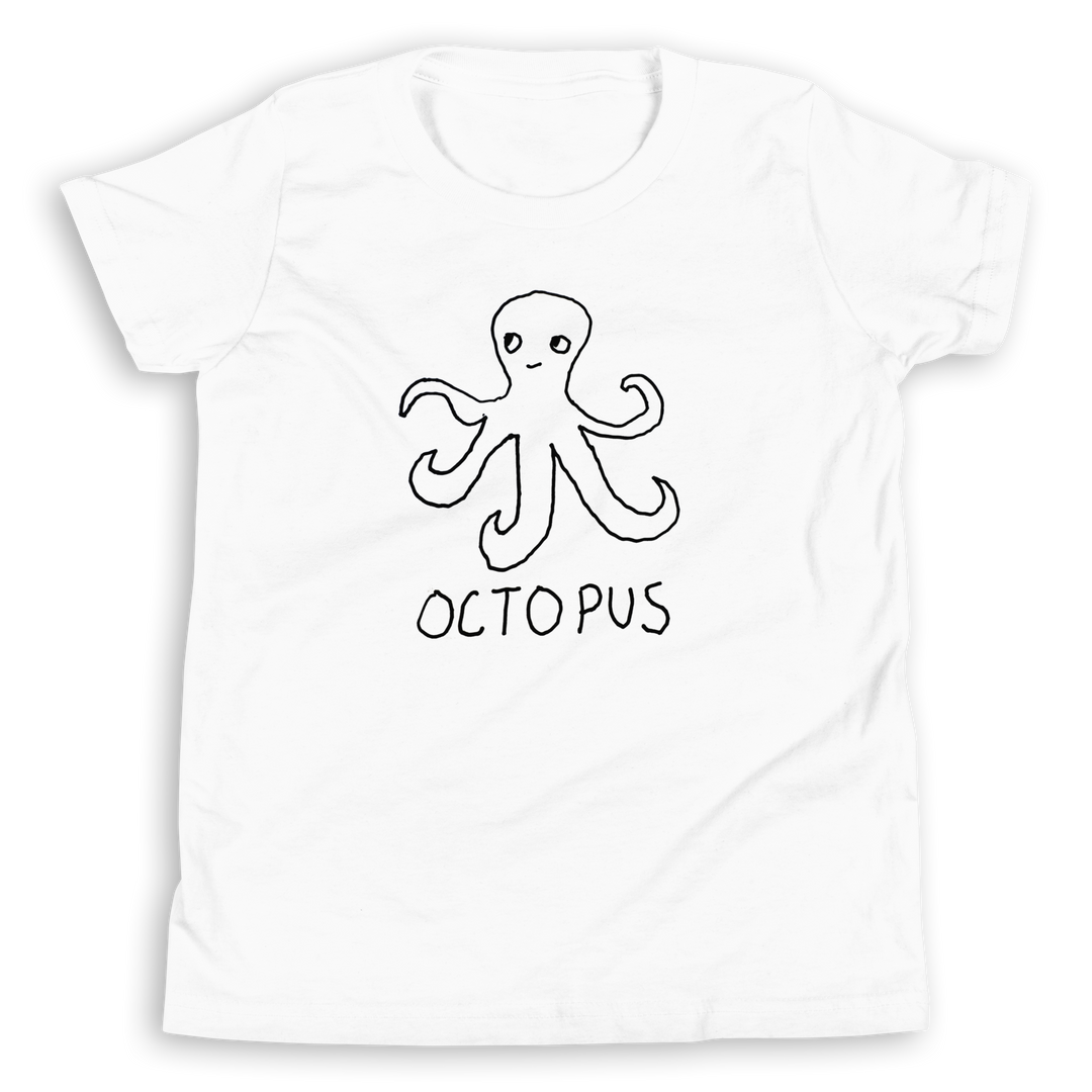 White kids t-shirt with a simple hand drawn octopus design and 'OCTOPUS' text on a white background
