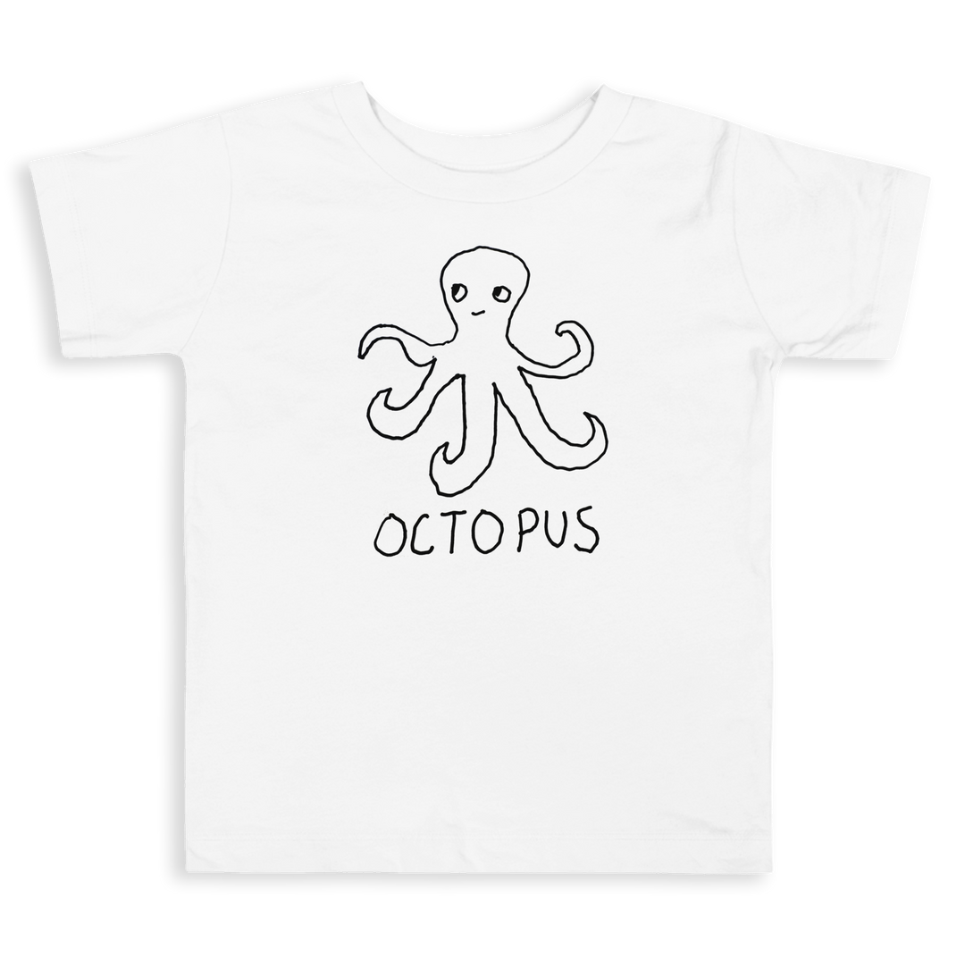 White Toddler t-shirt with a lo-fi hand-drawn graphic of a octopus and text "OCTOPUS" on a white background.
