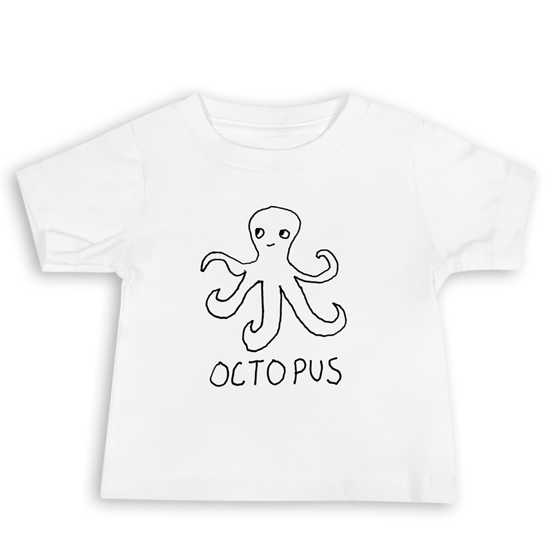 White Baby t-shirt with a simple hand drawn octopus design and 'OCTOPUS' text on a white background