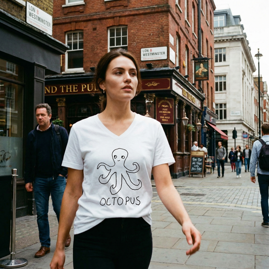 Model in octopus tee outside an independent Soho pub in London on a drizzly afternoon