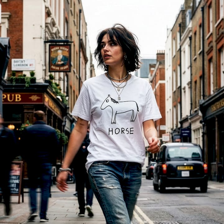 A hip young woman wearing a white t-shirt with a lo-fi hand drawn graphic of a horse and text "HORSE", walking through Soho London in the afternoon.