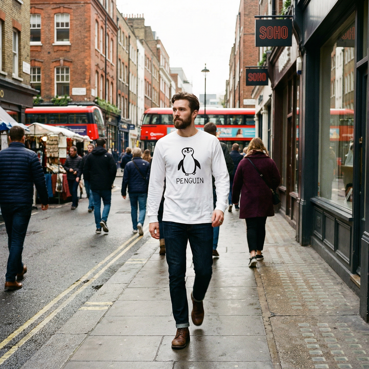 Person in a penguin graphic long sleeve walking past a black cab in Soho, London