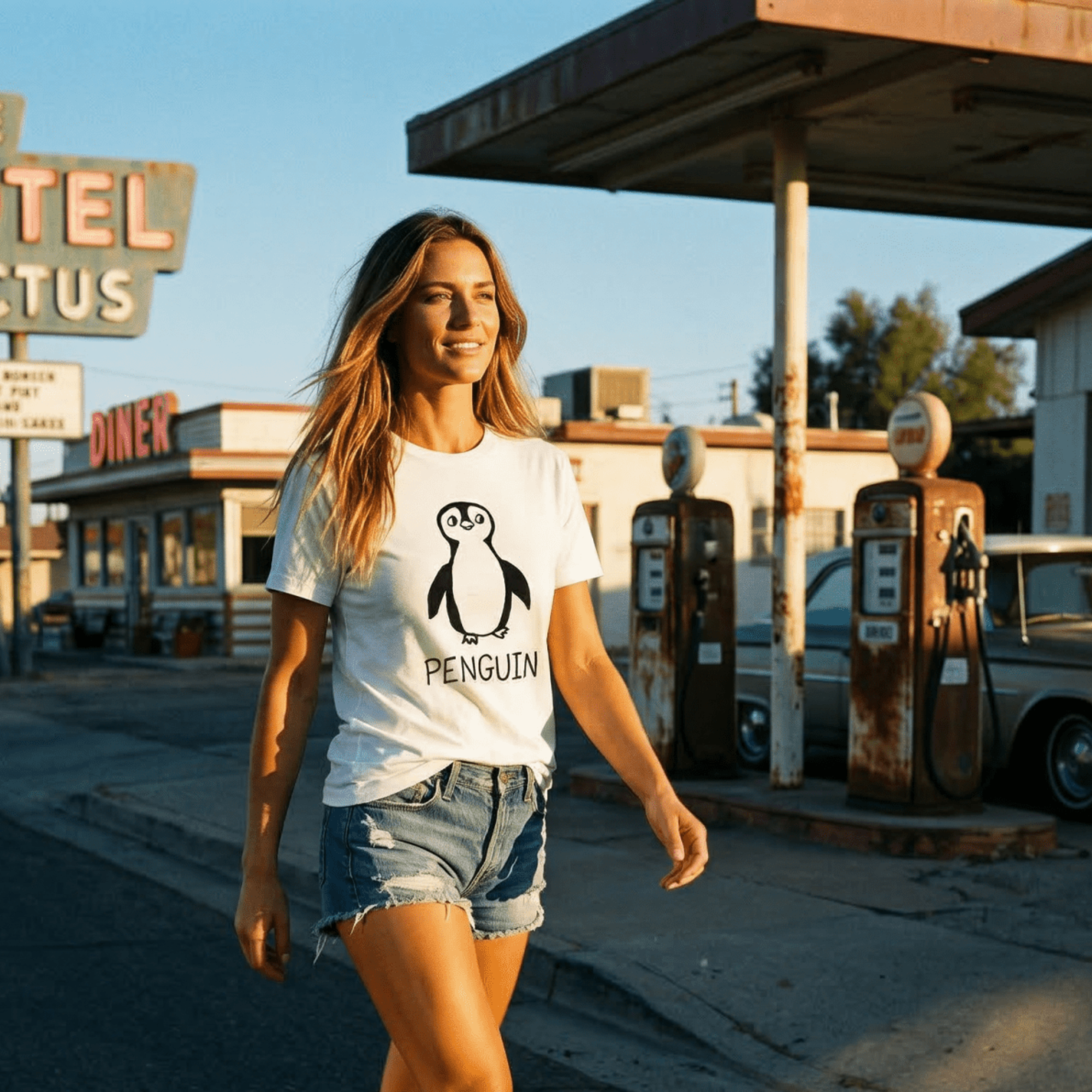Woman walking past a Motel Cactus sign at golden hour wearing a lo-fi Penguin Classic Tee in white
