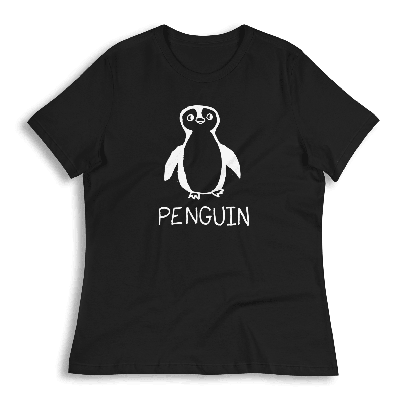lo-fi Penguin Women's Relaxed Fit T-Shirt — hand-drawn penguin graphic on a black relaxed-fit tee