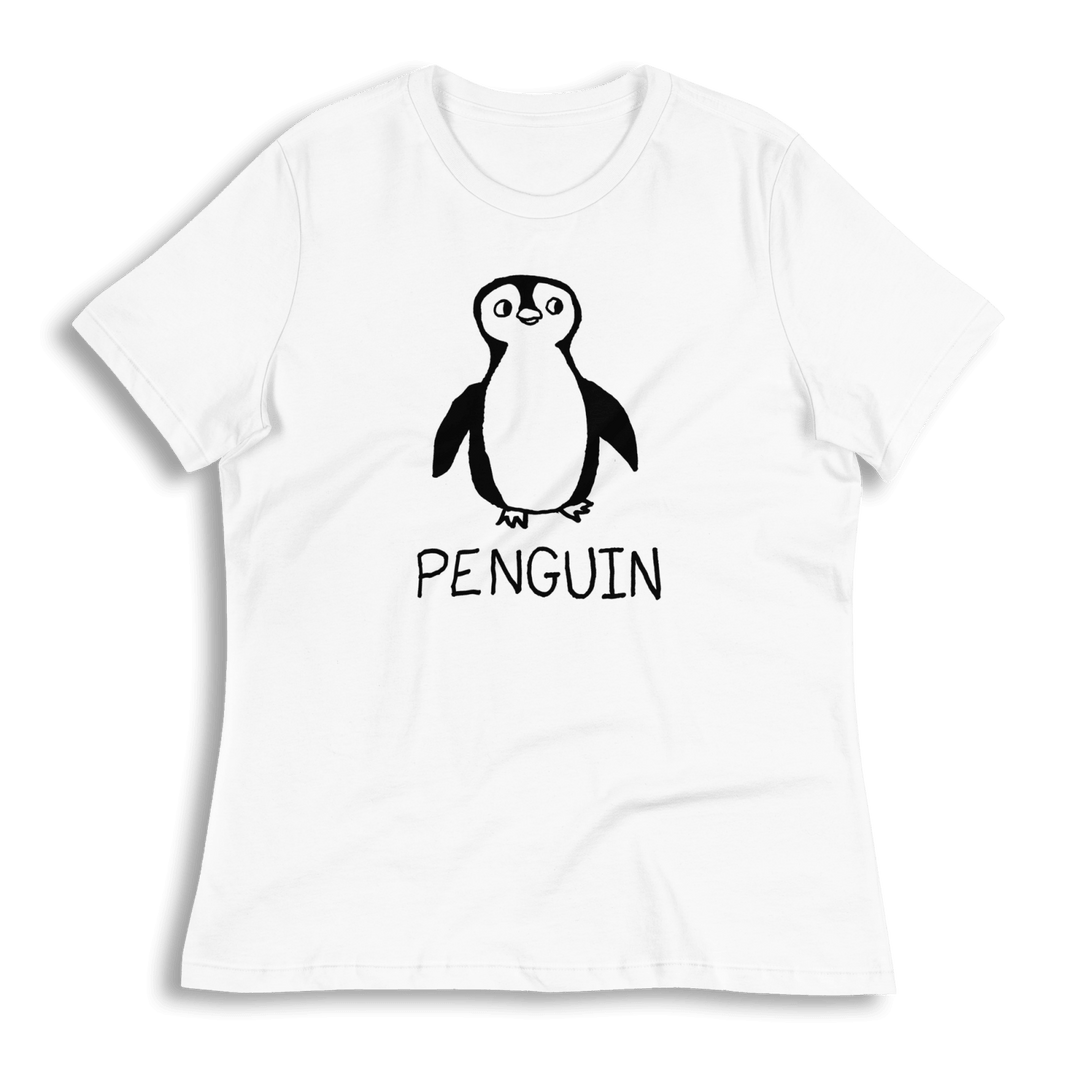 lo-fi Penguin Women's Relaxed Fit T-Shirt — hand-drawn penguin graphic on a white relaxed-fit tee
