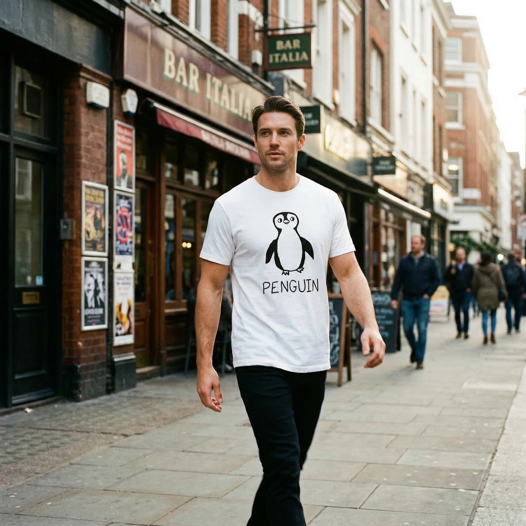 Penguin graphic tee worn on street in Soho London – lofi animal shirt streetwear style