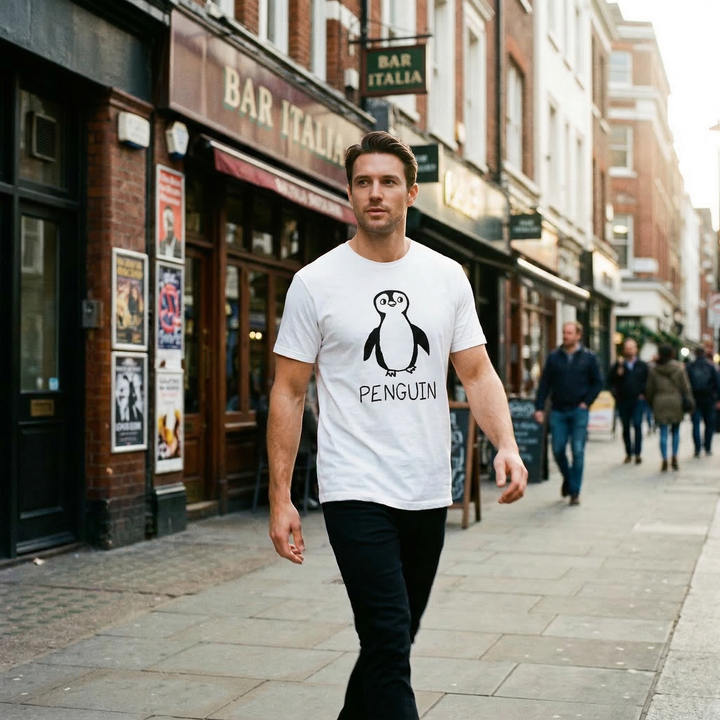 Penguin graphic tee worn on street in Soho London – lofi animal shirt streetwear style