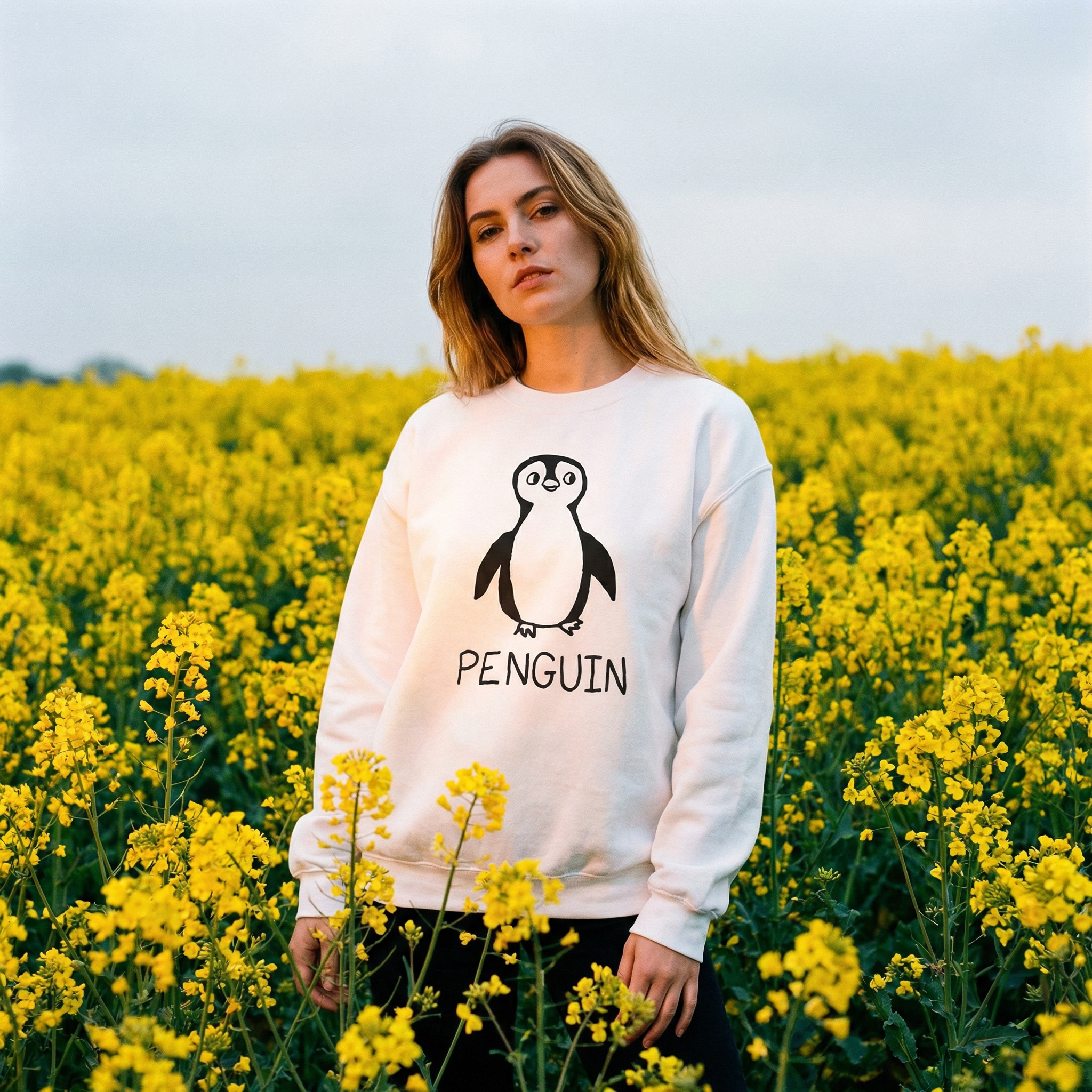 Model in a white crewneck sweatshirt with hand drawn penguin graphic, amid a bright flower field, stiff but content