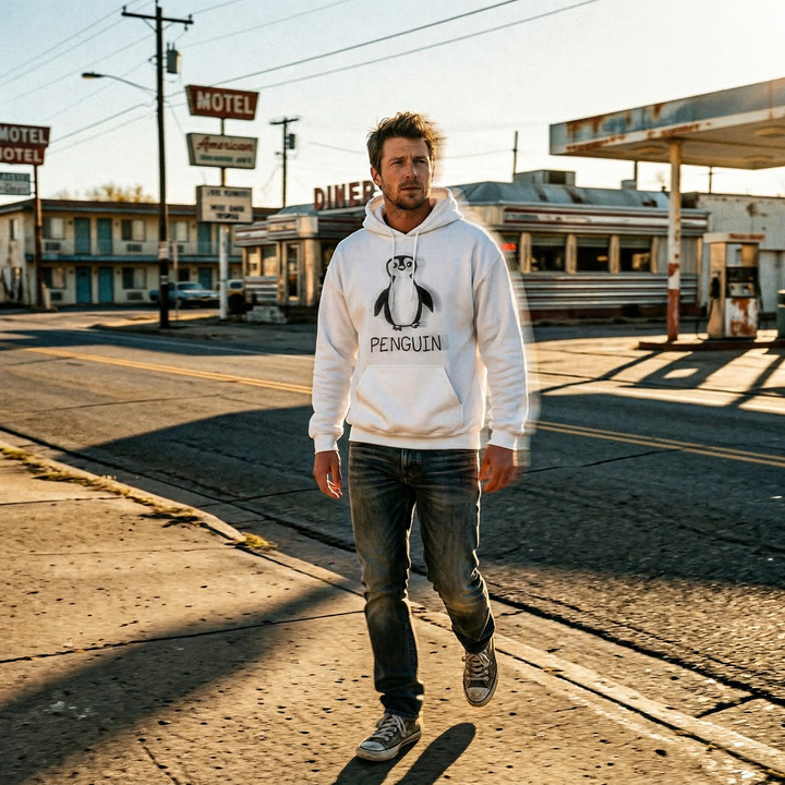 Penguin hoodie in Americana setting – quirky animal graphic hoodie