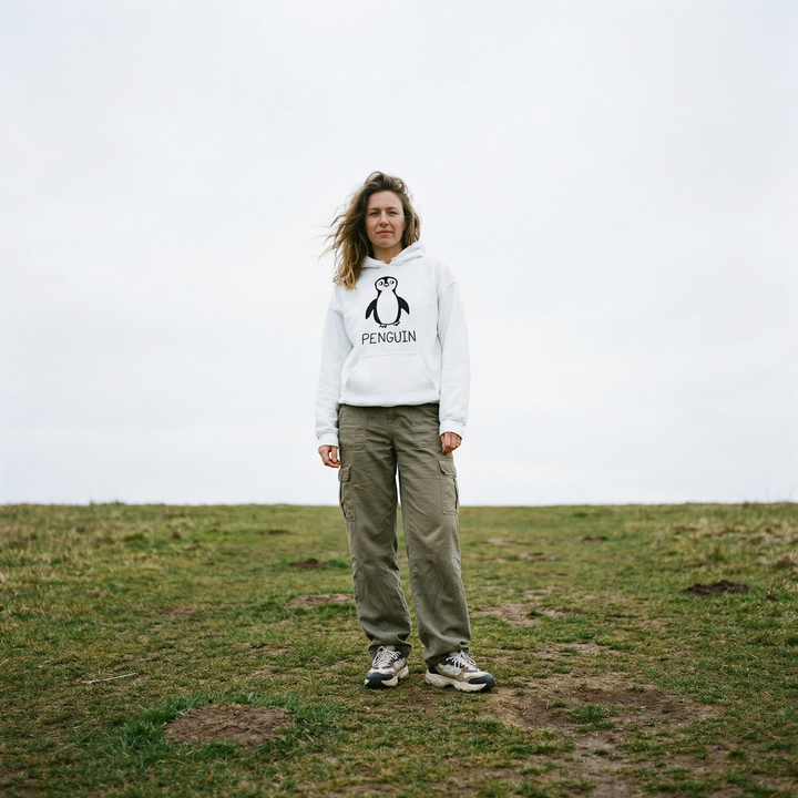 Person wearing a white hoodie with a quirky minimalist lofi Penguin drawing, in a grassy field.