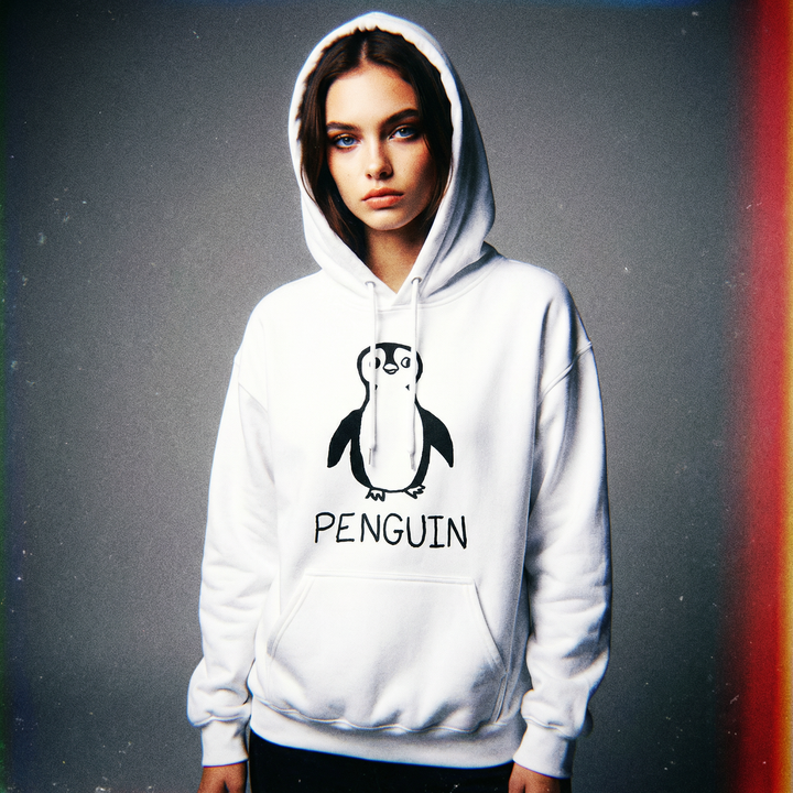 Penguin graphic hoodie by woman in 90s photo studio style – lofi animal streetwear