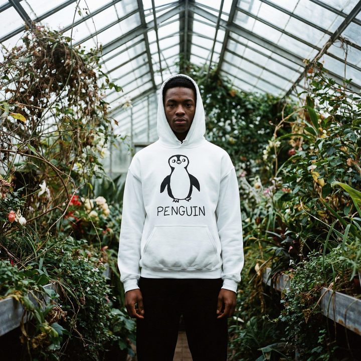 Penguin graphic hoodie worn in greenhouse setting – lofi animal streetwear