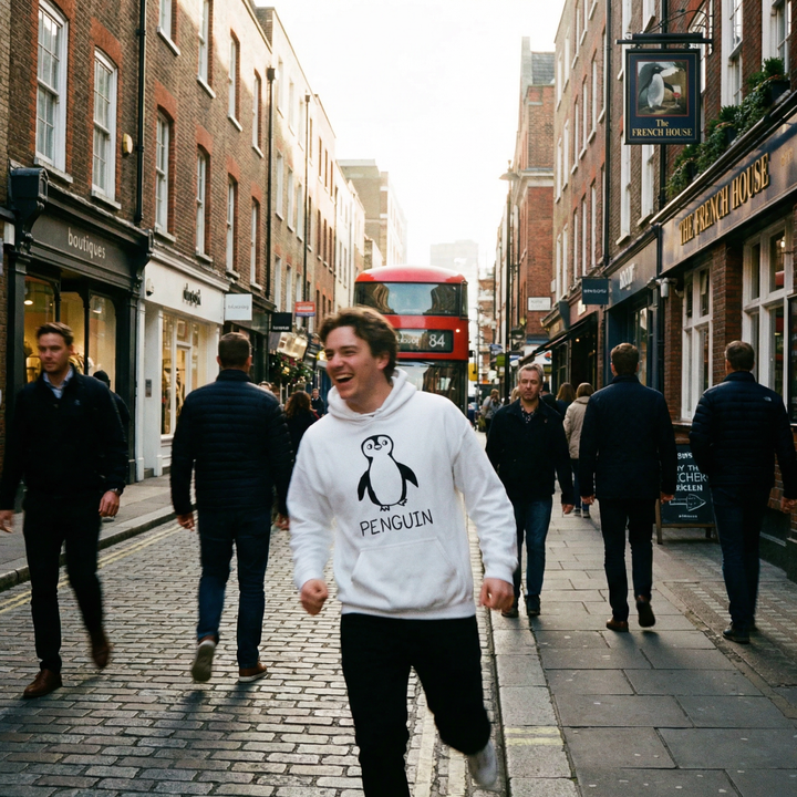 Penguin graphic hoodie worn on city street – lofi animal streetwear