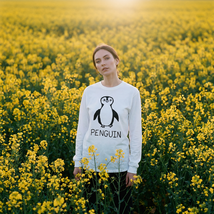 Model wearing a penguin long sleeve tee in a cheerful field of yellow flowers