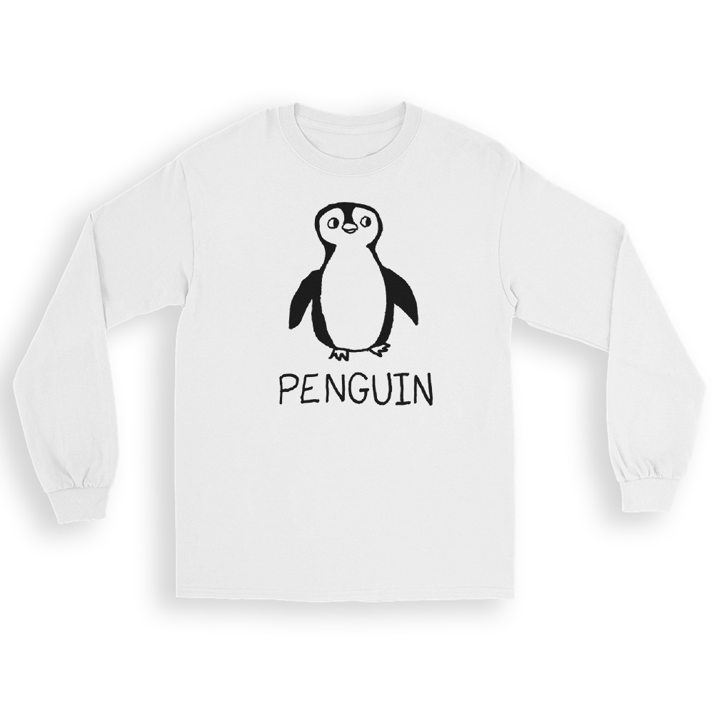 White long-sleeve shirt with a lo-fi hand-drawn penguin graphic and text on a white background