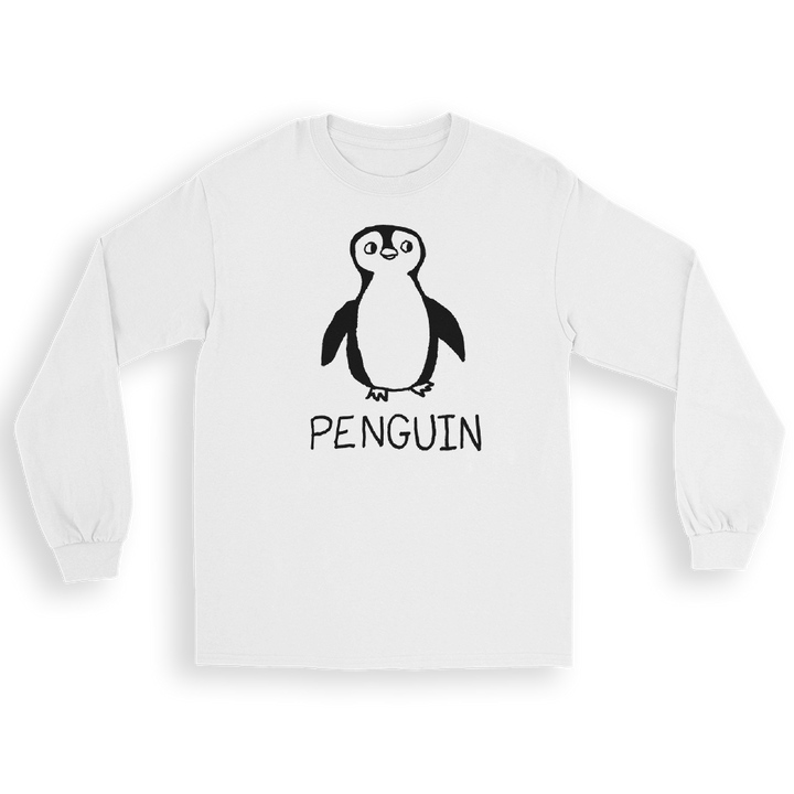 White long-sleeve shirt with a lo-fi hand-drawn penguin graphic and text on a white background