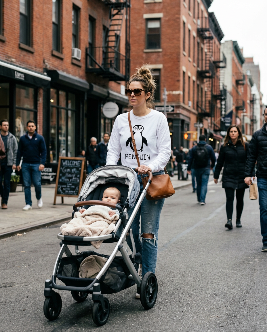 Woman wearing a long sleeve penguin graphic shirt pushing a stroller with a baby on a city street
