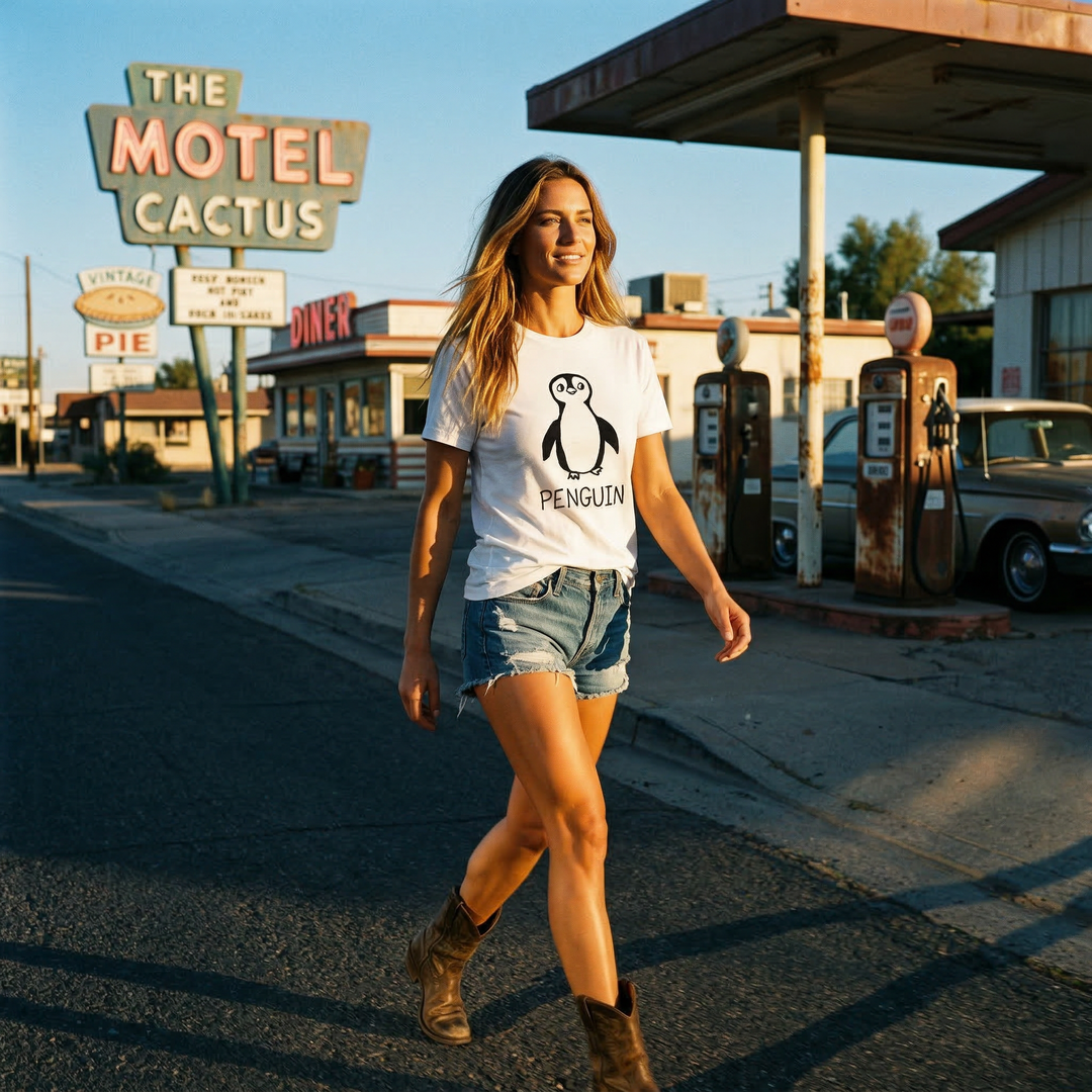 Penguin classic tee in Americana setting – quirky animal graphic tee