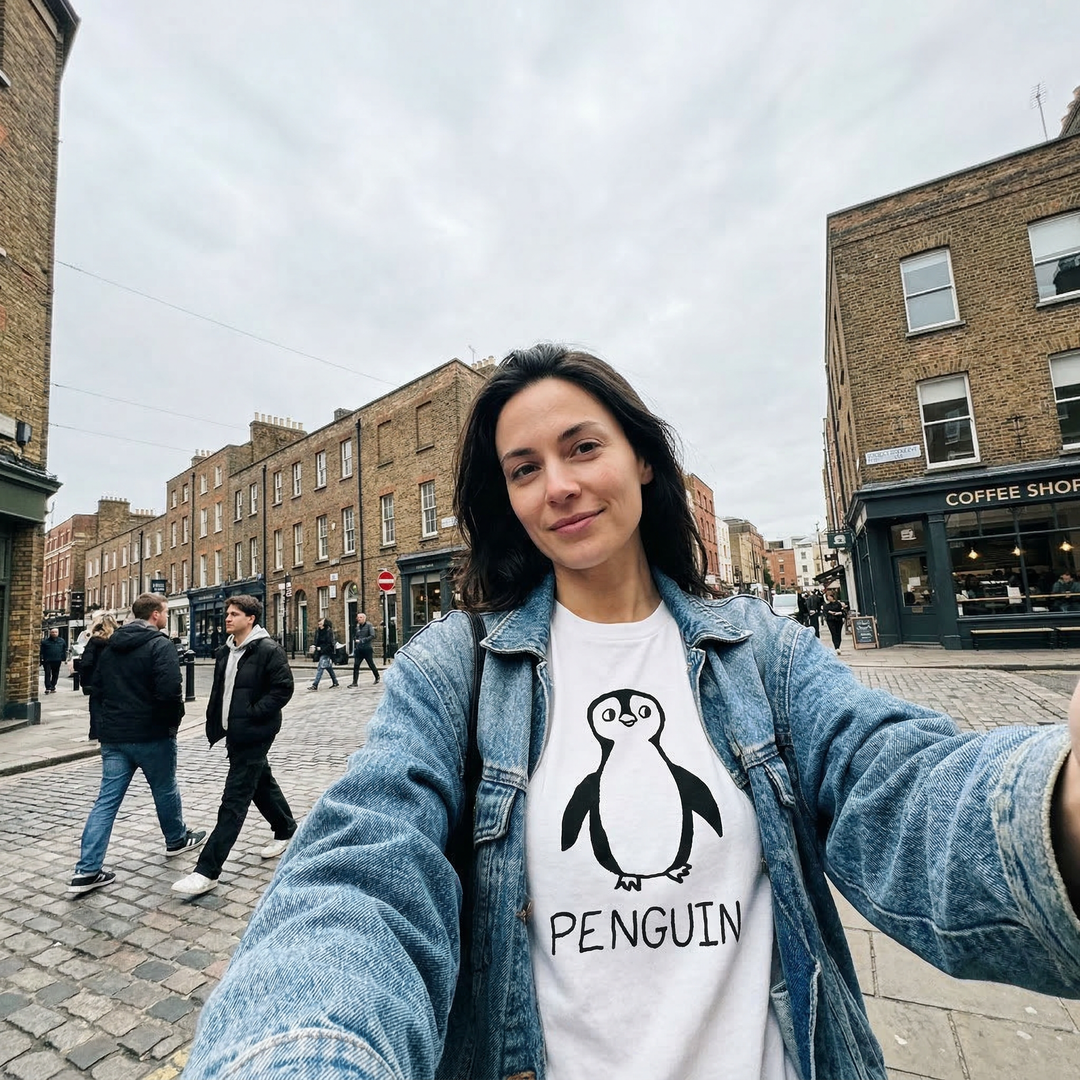 Selfie of woman wearing Penguin graphic tee worn on city street – lofi animal shirt streetwear style