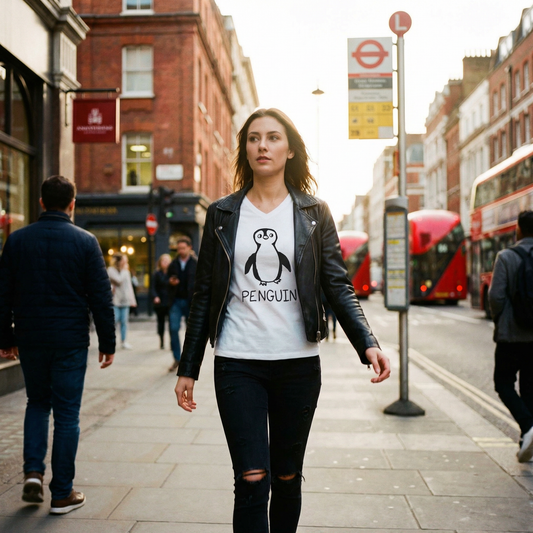 Model in penguin tee outside a Soho gallery on a cool overcast London day