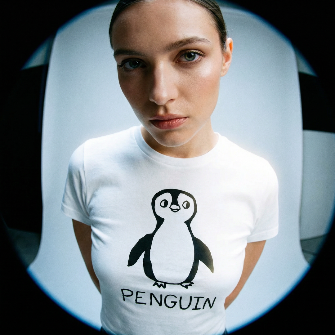 Penguin graphic fitted tee fisheye shot – lofi animal shirt close-up