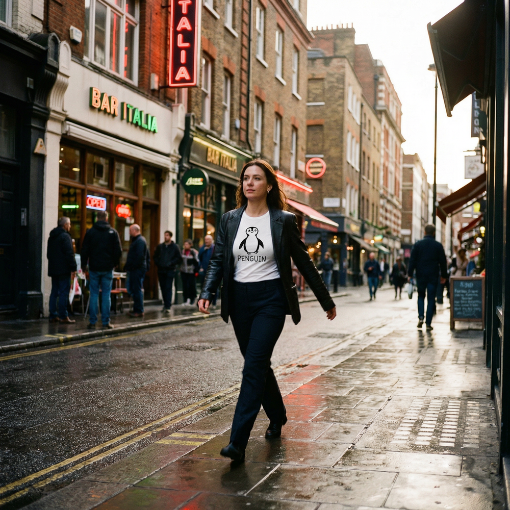 Penguin graphic fitted tee worn on city street – lofi animal shirt style