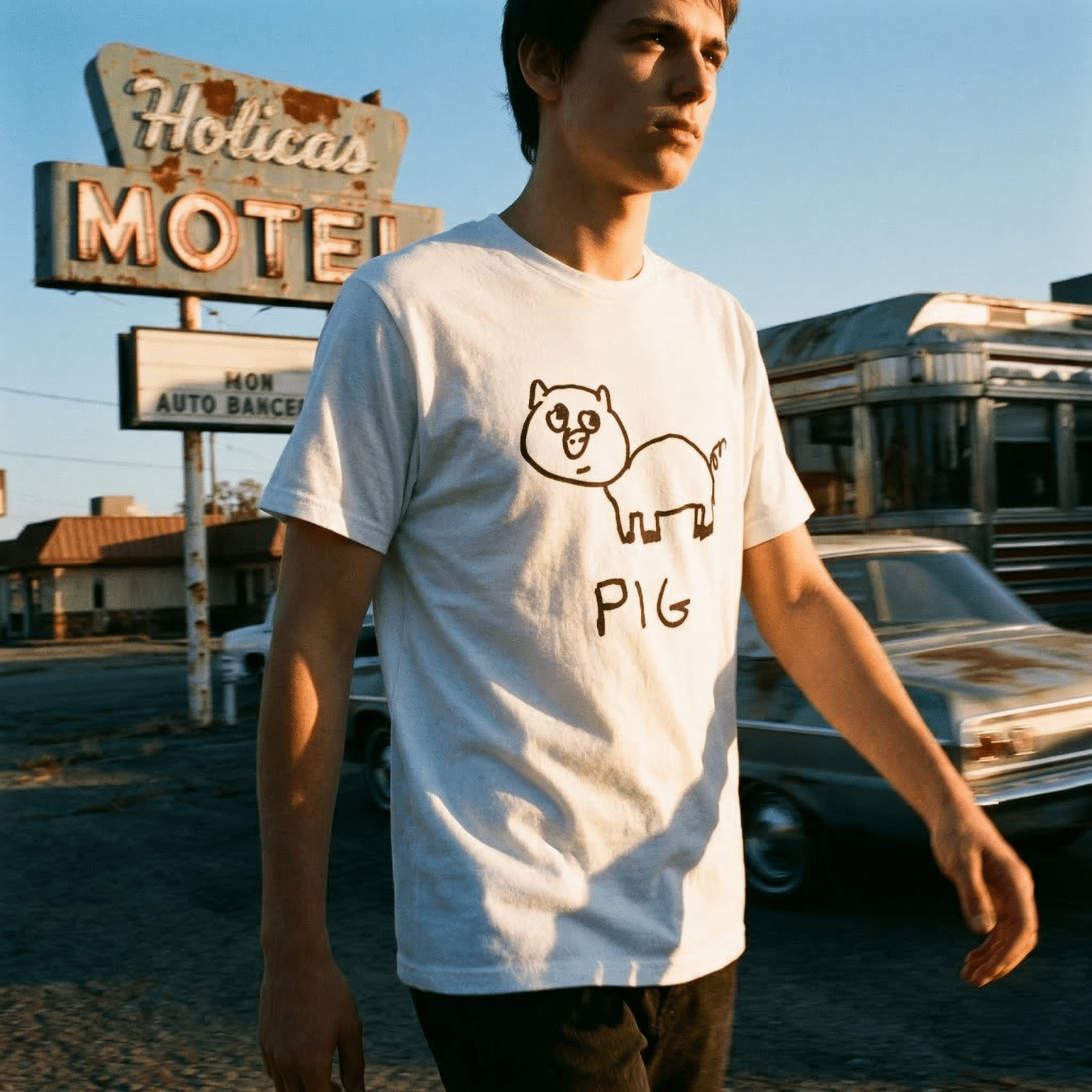 Man walking past a desert Holicas Motel sign wearing a lo-fi Pig Classic Tee in white