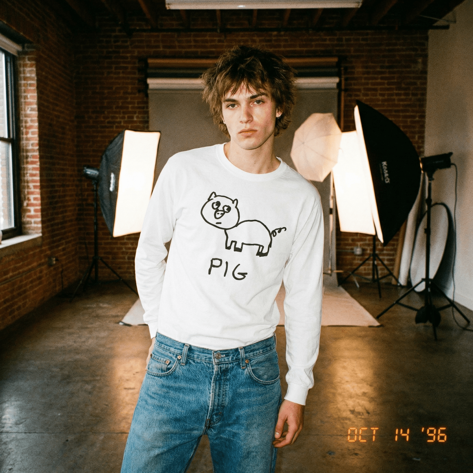 lo-fi Pig Long Sleeve Tee — hand-drawn pig graphic on a white long-sleeve t-shirt