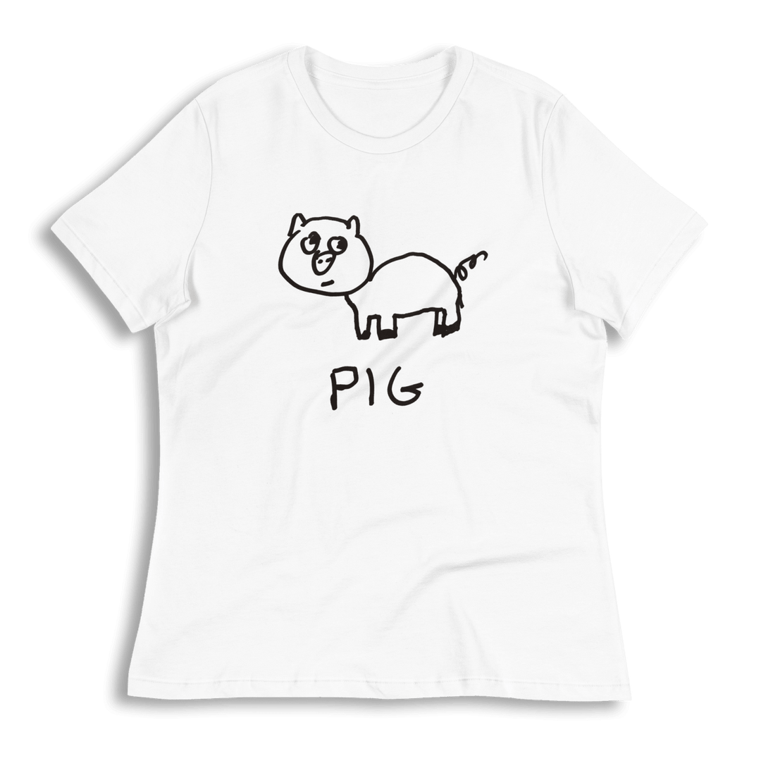 lo-fi Pig Women's Relaxed Fit T-Shirt — hand-drawn pig graphic on a white relaxed-fit tee
