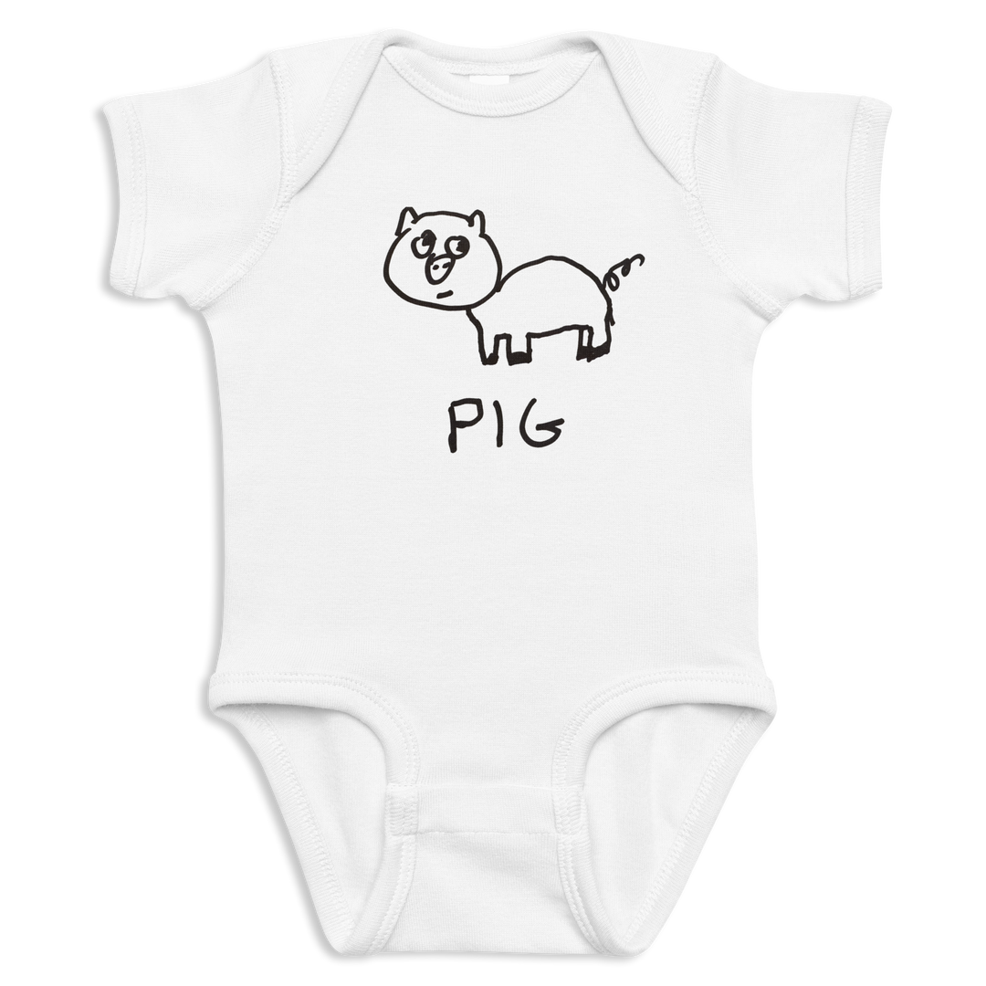 White baby onesie with a black pig illustration and 'Pig' text on a white background