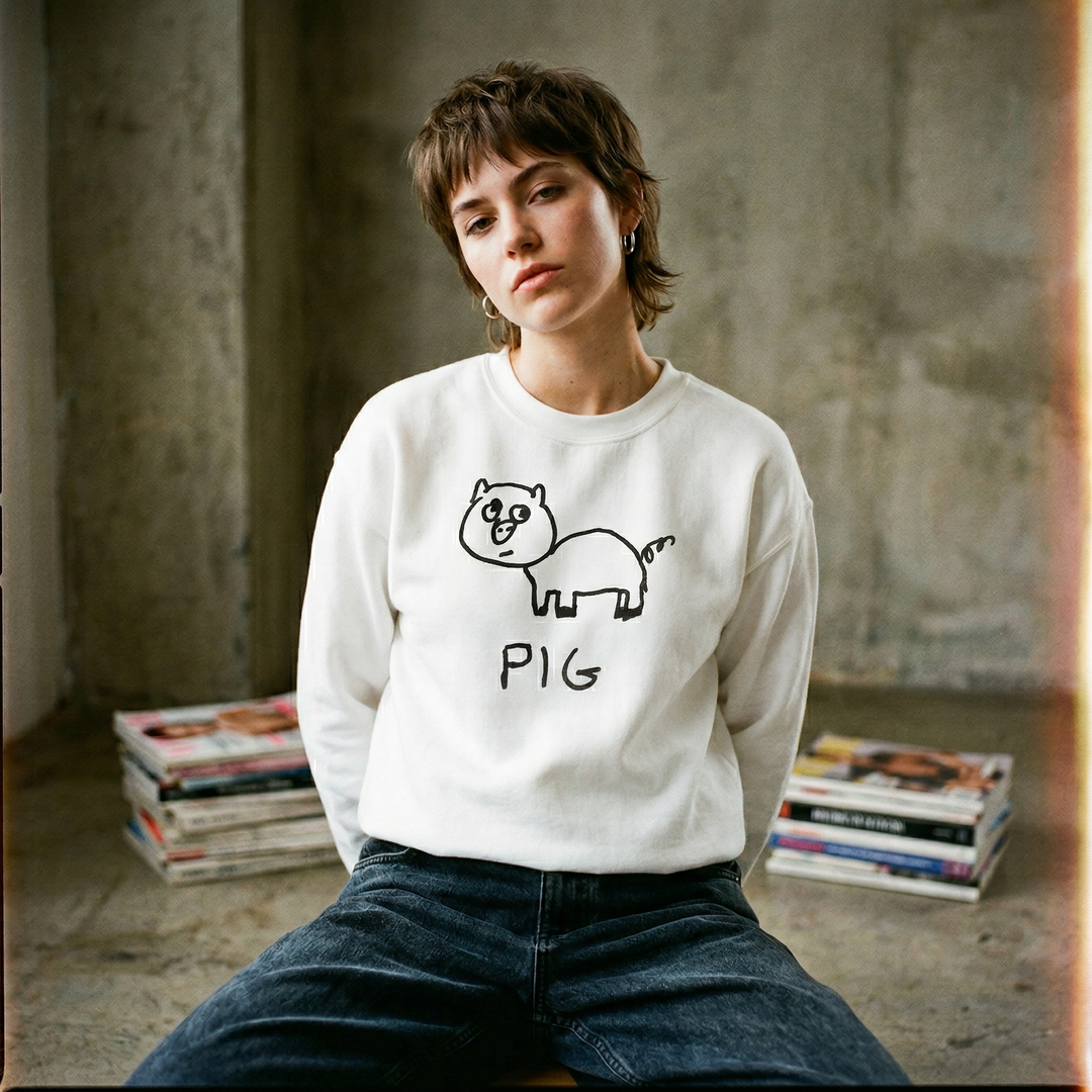 Person wearing a white  crewneck sweatshirt with a hand drawn pig graphic and &