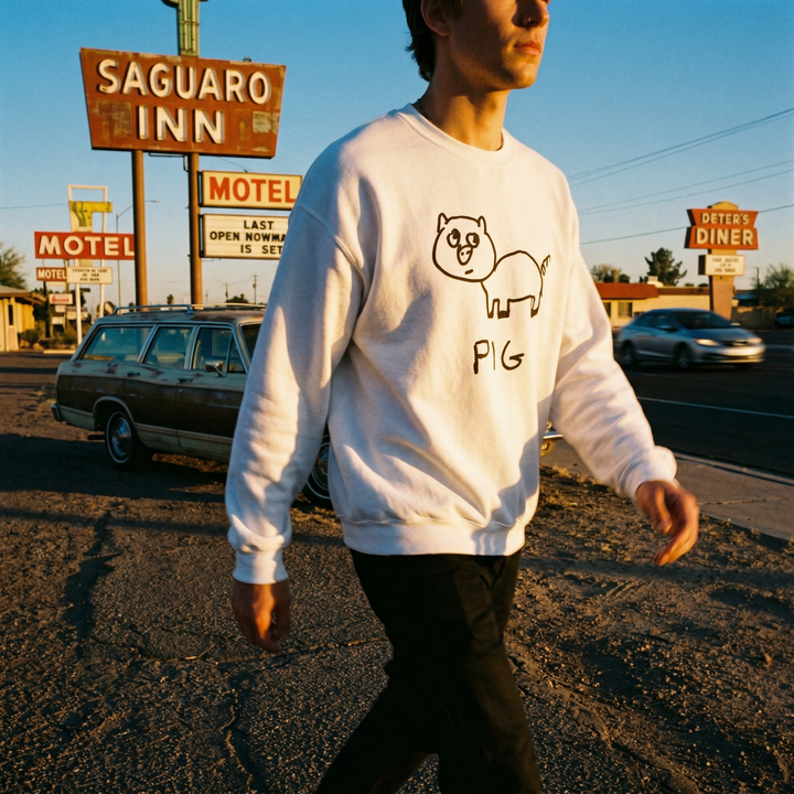 Person wearing a white crewneck sweatshirt with a hand drawn pig graphic design in front of motel signs.
