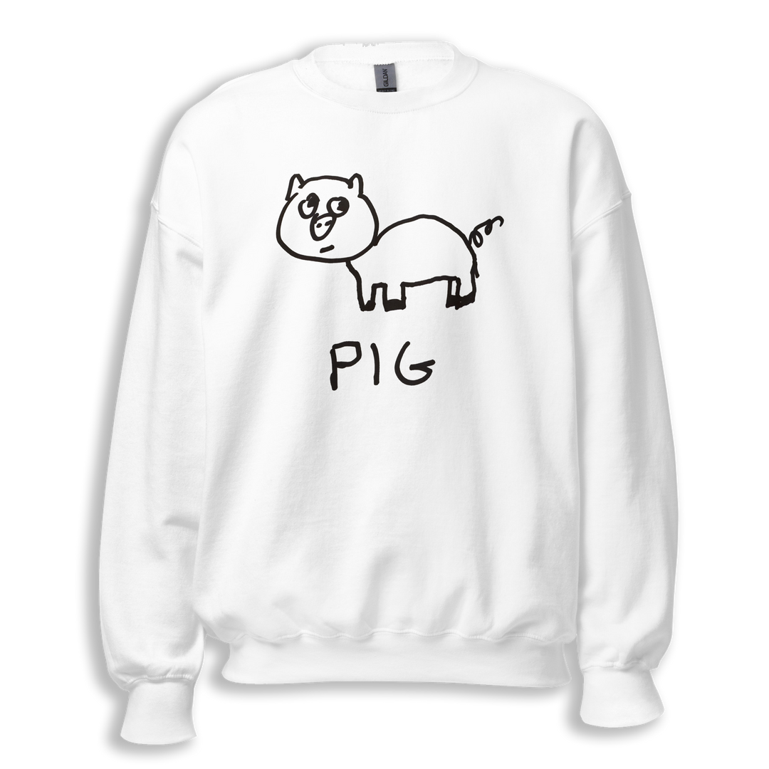 White sweatshirt with a lo-fi hand-drawn pig illustration and 'PIG' text on a white background