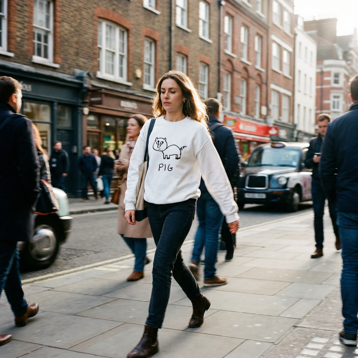 Person in a crewneck sweatshirt with a hand drawn pig graphic and text,strollling down a Soho London street casual and cheerful